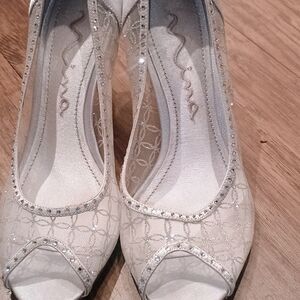 NINA Brand Women's Silver Embellished Peep-Toe Dress Heels